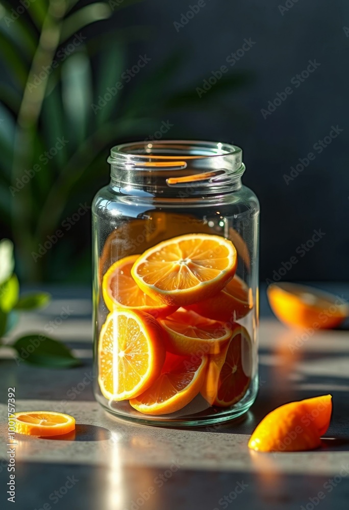 A jar full of oranges and a few slices of lemon A jar full of oranges and a few slices of lemon