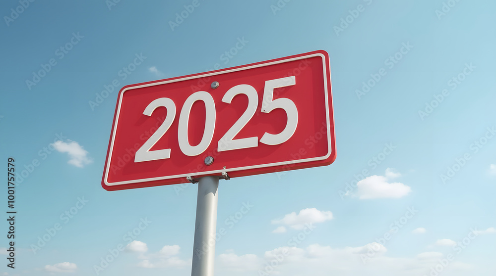 Text 2025 on red sign against blue sky. New Year resolution and goal to change and progress, business success and growth strategy, future challenge vision, start or beginning, startup, calendar Text 2025 on red sign against blue sky. New Year resolution and goal to change and progress, business success and growth strategy, future challenge vision, start or beginning, startup, calendar