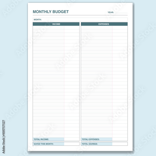 Monthly budget tracker of income and expenses printable template
