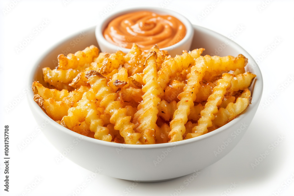 Spicy Fry Feast: A Bowl of Crinkle-Cut Fries with a Side of Sriracha Mayo for a Fiery Kick Spicy Fry Feast: A Bowl of Crinkle-Cut Fries with a Side of Sriracha Mayo for a Fiery Kick
