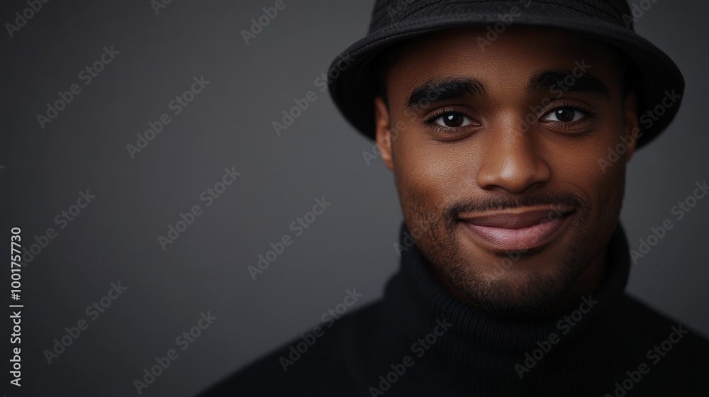 A young African American man, dressed in a black turtleneck and dark bucket hat, smiles warmly at the camera, exuding confidence and approachability in a simple gray backdrop