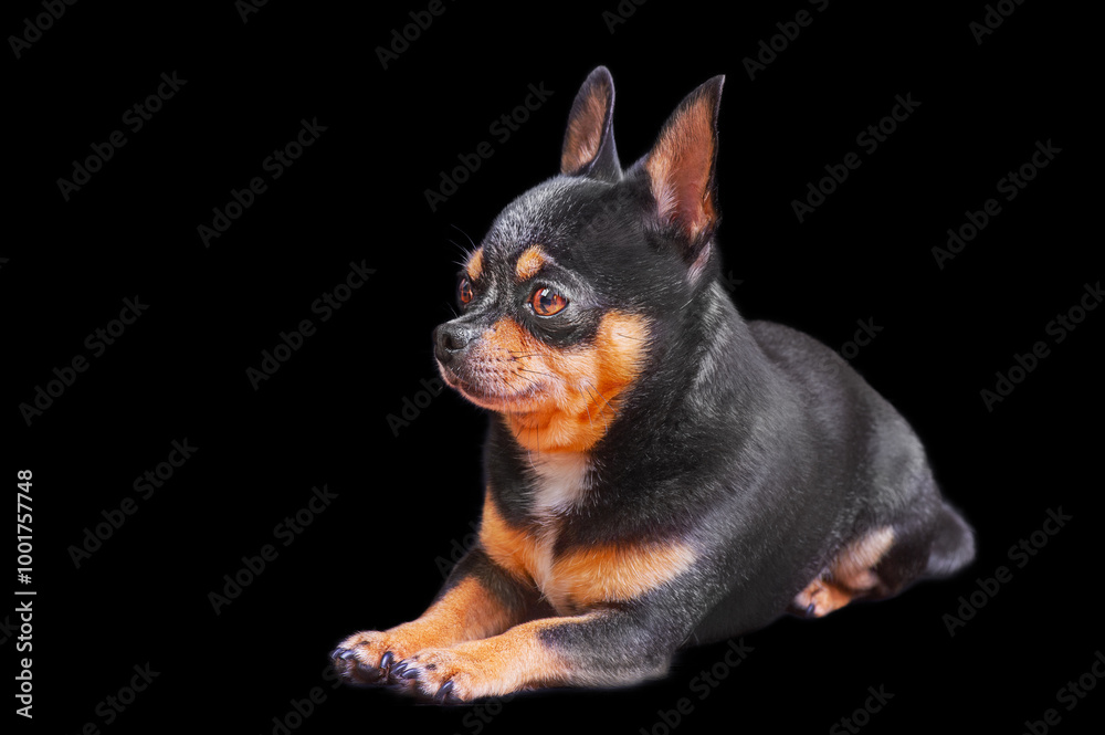 A tricolor chihuahua dog on a black background. The pet is lying down. A tricolor chihuahua dog on a black background. The pet is lying down.