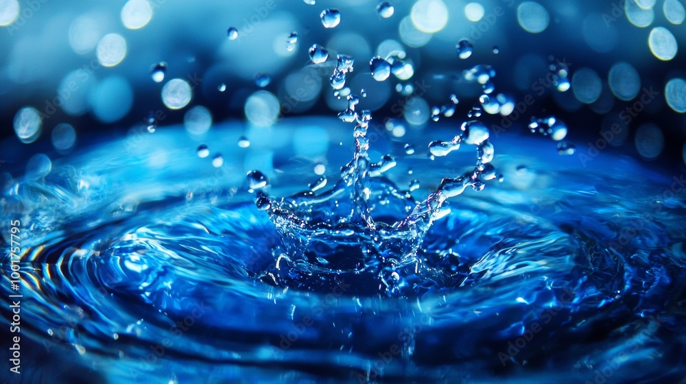 Blue water droplet splash with abstract bokeh background Blue water droplet splash with abstract bokeh background