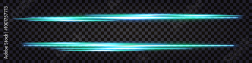 Neon glowing sticks, laser beams, speed lines, teal light glowing effect l luminous lines with thunder bolt flash and shine. Design for borders or dividers. Isolated transparent vector