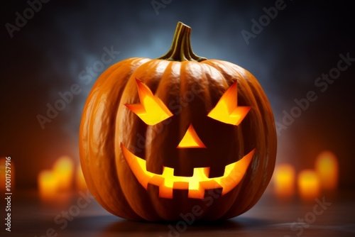 Wallpaper Mural Happy Halloween party Jack O Lantern orange pumpkin scary spooky creepy carving evil smile angry face glowing. Trick treat holiday dark mysterious night eerie horror October nightmare decor festival Torontodigital.ca