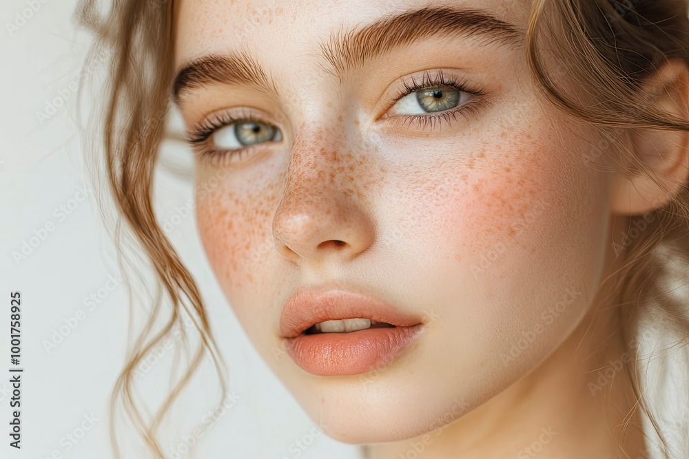Close-up photo of a beautiful young woman's face with fresh and smooth skin and pink lips with a light background _ smooth skin with skin and body care with generative ai Close-up photo of a beautiful young woman's face with fresh and smooth skin and pink lips with a light background _ smooth skin with skin and body care with generative ai