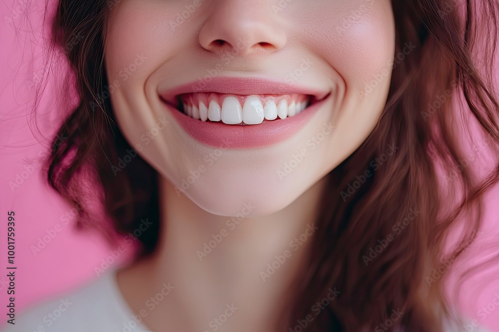 Fototapeta premium Close-up photo portrait of woman smiling mouth lips teeth isolated on pastel pink colored background with generative ai