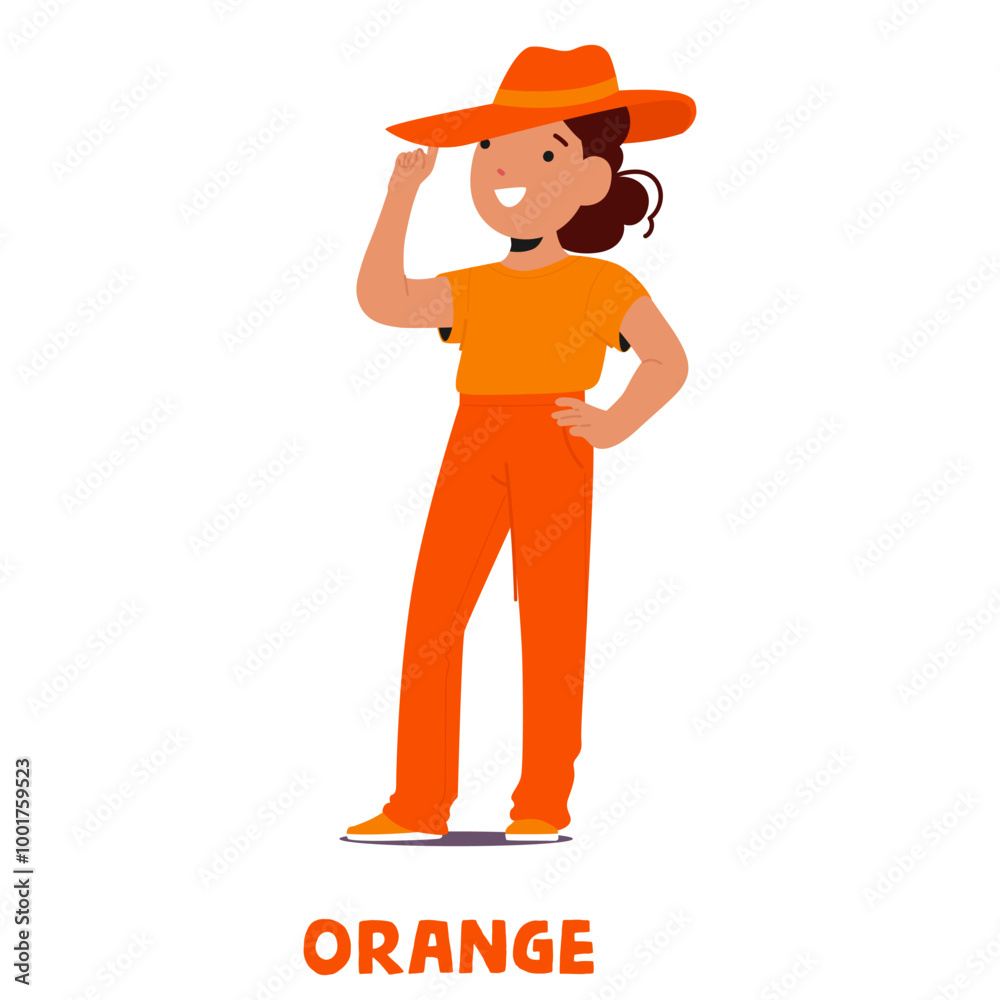 Happy Child Wearing Bright Orange Clothes And Hat Exudes Cheerfulness And Confidence, Standing With A Hand On The Hip Happy Child Wearing Bright Orange Clothes And Hat Exudes Cheerfulness And Confidence, Standing With A Hand On The Hip