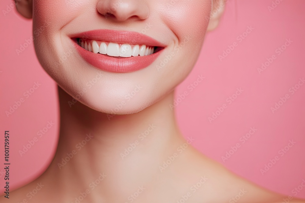 Close-up photo portrait of woman smiling mouth lips teeth isolated on pastel pink colored background with generative ai Close-up photo portrait of woman smiling mouth lips teeth isolated on pastel pink colored background with generative ai