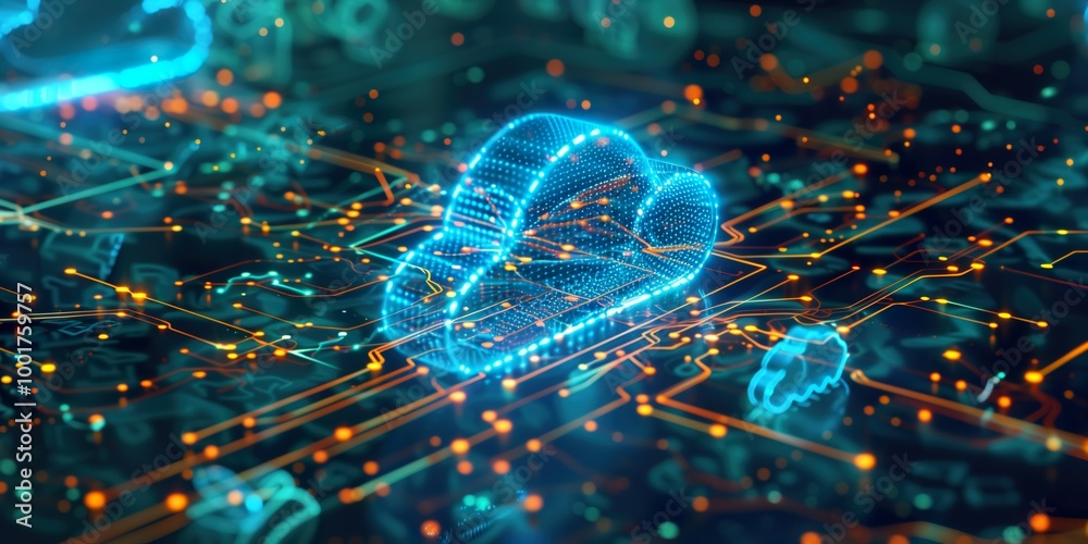 Futuristic cloud technology with glowing circuits and digital network connections in cyberspace