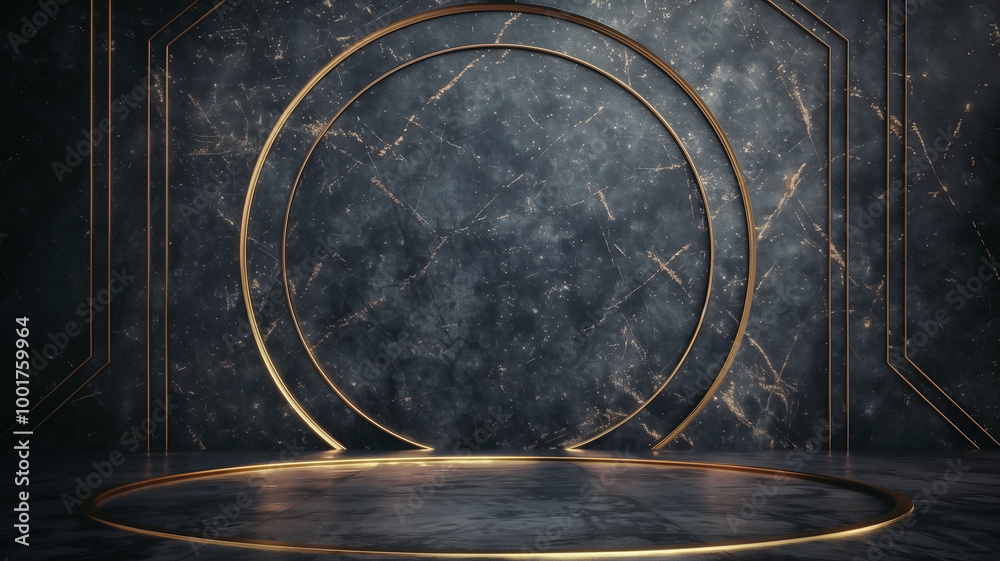 Fototapeta premium Luxury product display showroom on black background with golden lines