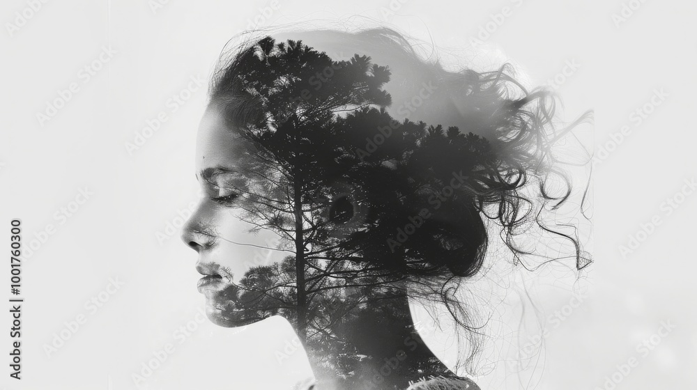 A black and white portrait of a woman with a tree superimposed over her face, creating a surreal and dreamy effect. A black and white portrait of a woman with a tree superimposed over her face, creating a surreal and dreamy effect.
