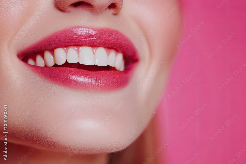 Fototapeta premium Close-up photo portrait of woman smiling mouth lips teeth isolated on pastel pink colored background with generative ai
