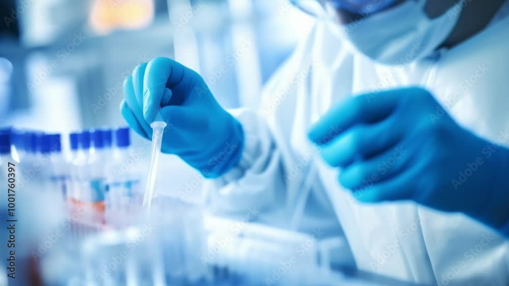 Scientist wearing gloves and a mask is carefully placing a test tube into a rack filled with other tubes, likely conducting important research Scientist wearing gloves and a mask is carefully placing a test tube into a rack filled with other tubes, likely conducting important research