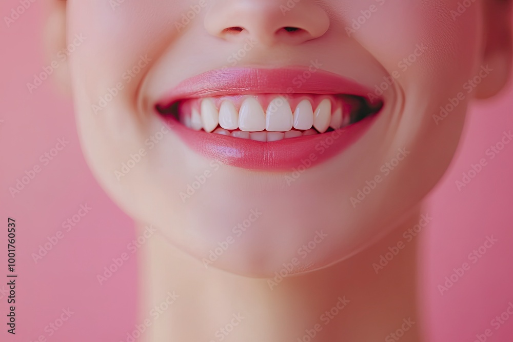 Fototapeta premium Close-up photo portrait of woman smiling mouth lips teeth isolated on pastel pink colored background with generative ai