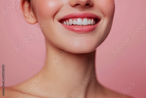 Close-up photo portrait of woman smiling mouth lips teeth isolated on pastel pink colored background with generative ai