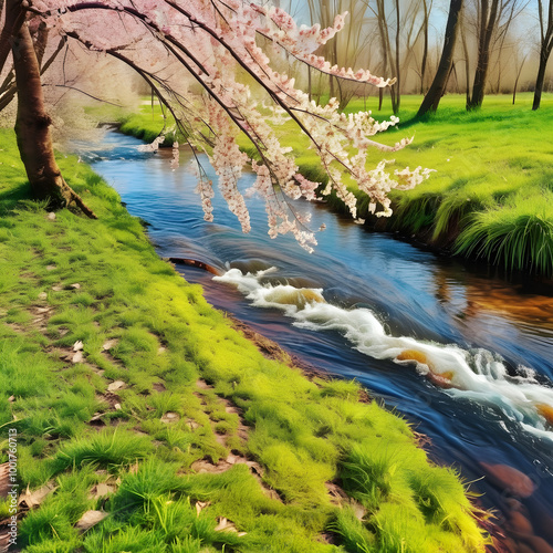 Step into a world of vibrant colors and lush details with this spring photo featuring a cherry bush in a surrealism style. Admire the running streams and the unique sight of a floating board with unev photo