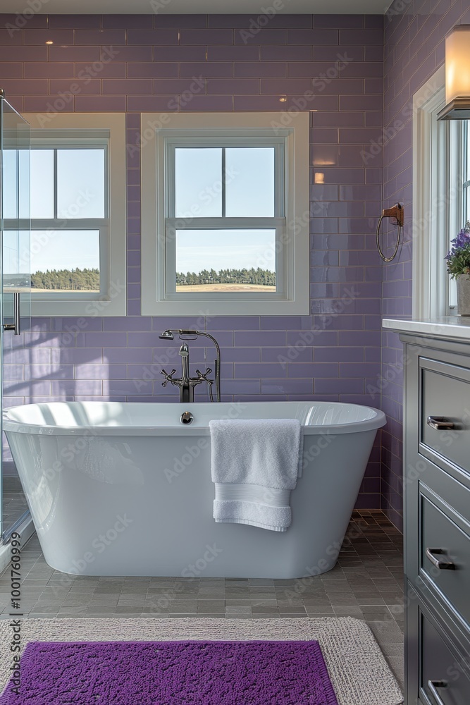 interior design, chic bathroom decor with a stylish two-tone tiled accent wall in soft lavender and cool gray, bringing a modern touch to the room