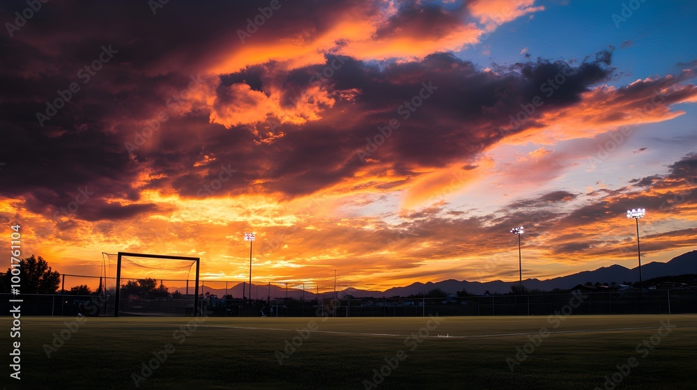 Sunset Over Football Field with Goalposts Sunset Over Football Field with Goalposts