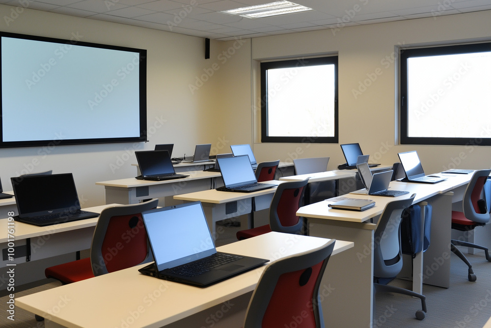 Interactive Training Room: A Modern Call Centre Training Room with Desks, Laptops, and Interactive Displays for Engaging Learning