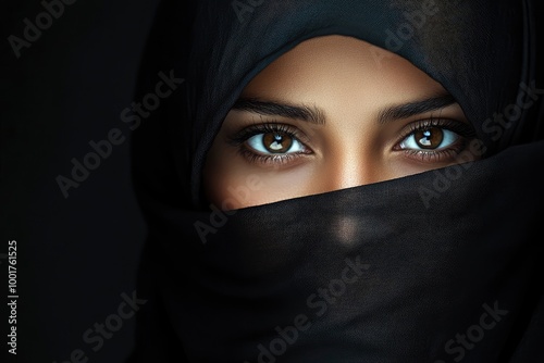 Close-up portrait of a Muslim woman with beautiful eyes in a hijab on a dark background. A girl in a black headscarf is looking at the camera. with generative ai