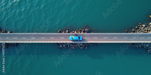 A passenger car drives over a connecting road over a bridge over water on the coast, coastal road by the sea