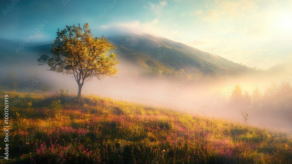 Fototapeta premium A misty mountain covered in fog, with a lone tree standing amidst vibrant grasses and sunlight streaming through in a realistic nature scene