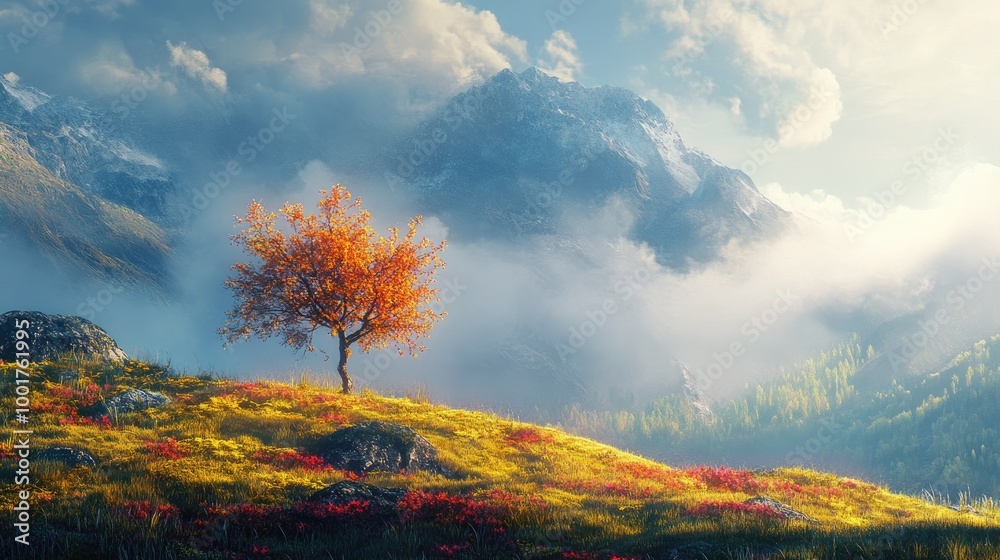 Fototapeta premium A peaceful landscape of a fog-covered mountain, a lone tree, and vibrant grasses glowing in the sunlight, set against a realistic natural backdrop