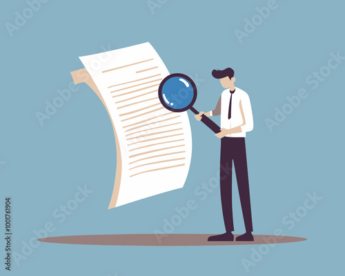 Business Document Validation and Analysis Concept - Manager with Magnifying Glass Checking Contract or Agreement in Flat Minimalist SVG Vector Style