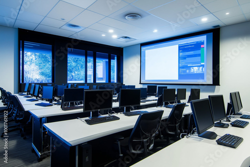 Hands-On Training Environment: Modern Call Centre Training Room with Desks, Computers, and Collaborative Spaces for Skill Development