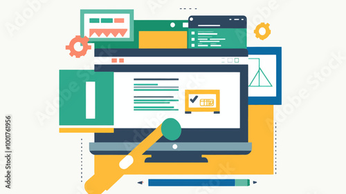 Vector Illustration of Website Content Management Concept with Flat Design Elements Showcasing Computer, Software Interfaces, and Tools for Web Development and SEO Optimization