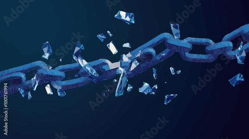 Polygonal Broken Chain with Shattered Links Representing Business Challenges and Breaking Boundaries, Minimalist Blue Vector Illustration