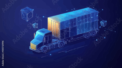 Polygonal 3D Truck with Parcels and Smartphone in Dark Blue Background Representing Online Cargo Delivery Service and Logistics Tracking App Concept