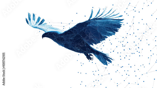 Abstract Low Poly Eagle in Flight with Blue Polygonal Points, Minimalist Vector Illustration Highlighting Motion and Connectivity