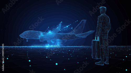 Digital 3D Man Watching Airplane Take Off with Luggage, Abstract Airport Departure Illustration in Low Poly Dark Blue Mesh - Air Travel, Tourism, Air Transportation Concept