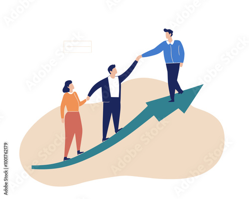 Business Teamwork and Leadership Concept with Businessman Helping Employees Climb Rising Arrow Graph for Career Development and Success in Flat Minimalist SVG Vector