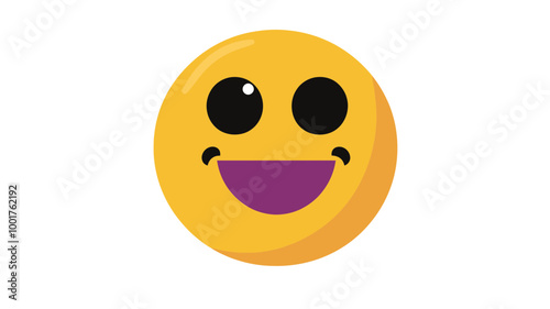 Bright Yellow Happy Smile Emoji Vector Graphic with Big Eyes and Purple Mouth - Fun and Expressive Cartoon Face Illustration for Messaging, Social Media, and Graphic Design