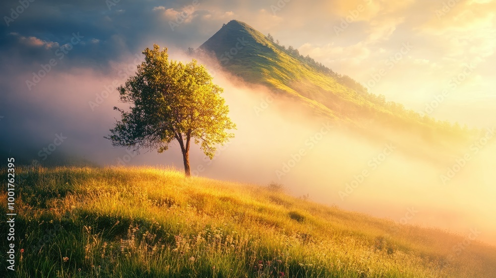 Beautiful foggy mountain with a solitary tree and sun-drenched vibrant grasses, set against a realistic natural backdrop of mist and light Beautiful foggy mountain with a solitary tree and sun-drenched vibrant grasses, set against a realistic natural backdrop of mist and light