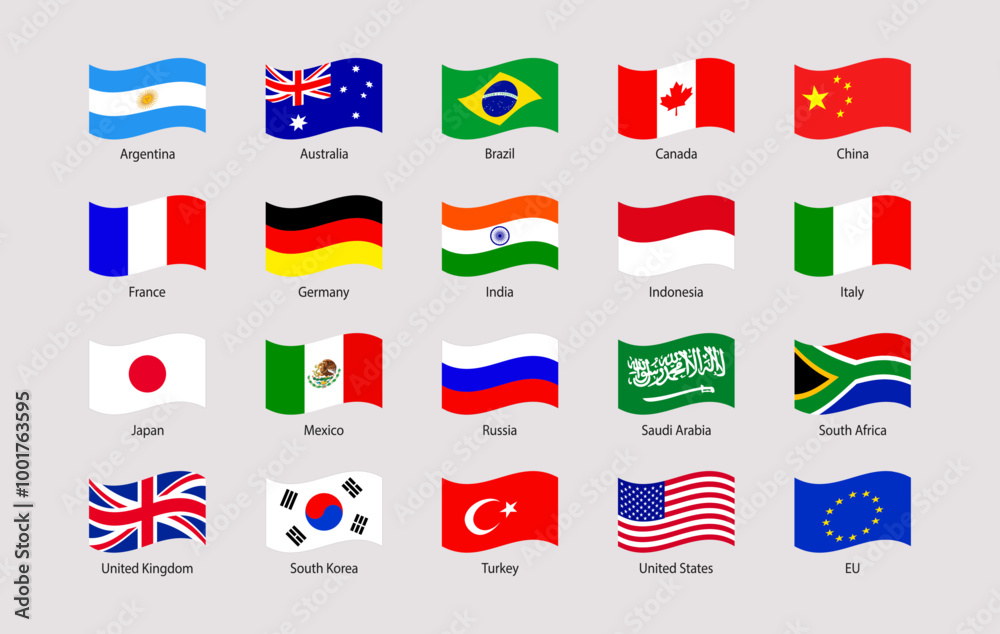 Naklejka premium G20 flag vector illustration. USA ,Canada, France, Germany, Italy, Japan, UK, EU, China. Official national symbols with members countries names. The Group of Twenty official waved icons