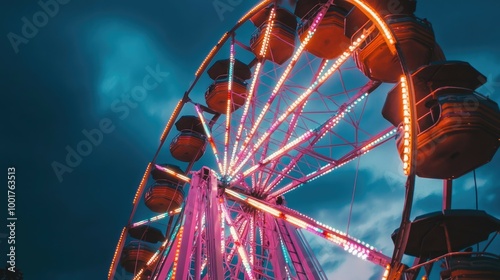 A brightly lit Ferris wheel stands against a twilight sky, its glowing lights creating a vibrant contrast.