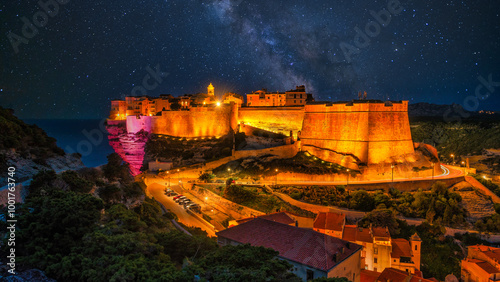 Photos Close up Landscape with Bonifacio at night time, Corsica island, France Europe
