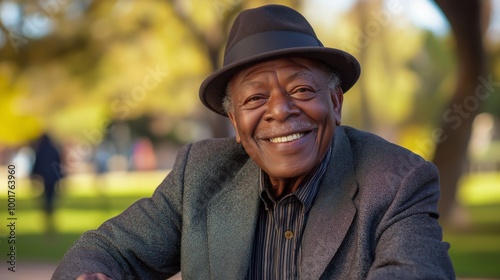 Elderly Black Man in Stylish Fedora Smiling Outdoors, Capturing Joyful Moments During Fall in Urban Park