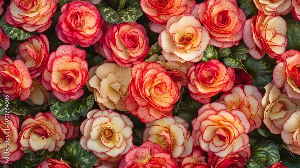 a dense arrangement of roses in various shades of pink, red, and peach. The flowers are closely packed together, creating a vibrant and colorful display a dense arrangement of roses in various shades of pink, red, and peach. The flowers are closely packed together, creating a vibrant and colorful display