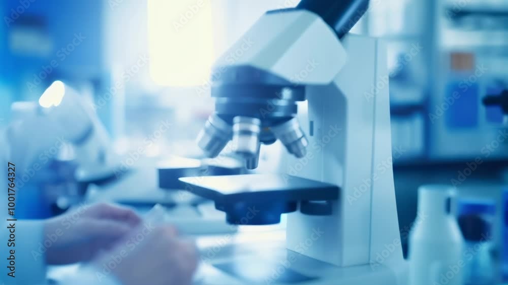 Scientist is conducting research in a modern laboratory, carefully handling samples and using a microscope for analysis. The image evokes a sense of scientific inquiry and discovery Scientist is conducting research in a modern laboratory, carefully handling samples and using a microscope for analysis. The image evokes a sense of scientific inquiry and discovery