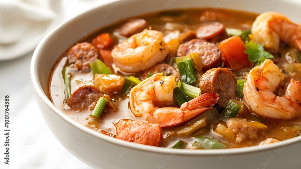 Steaming Bowl of Spicy Shrimp and Sausage Soup Steaming Bowl of Spicy Shrimp and Sausage Soup