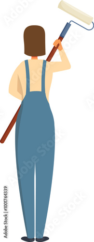 Back view of a woman painter holding a paint roller, concept of home renovation and do it yourself