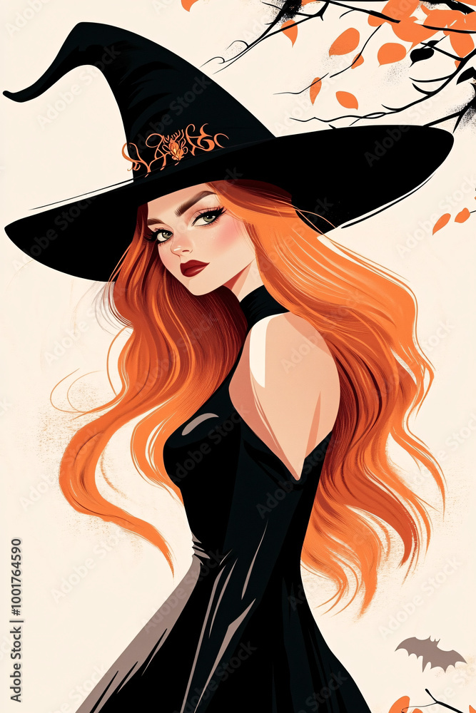 Stylized Halloween Witch with Flowing Hair, Dark Gown, and Pointed Hat in Whimsical Fantasy Art