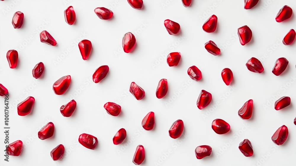 Red Pomegranate Seeds Scattered on White Background Red Pomegranate Seeds Scattered on White Background