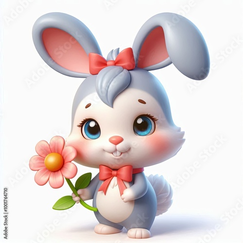 Cute Rabbit Holding Flower Cartoon , 3d Generative aI
 photo