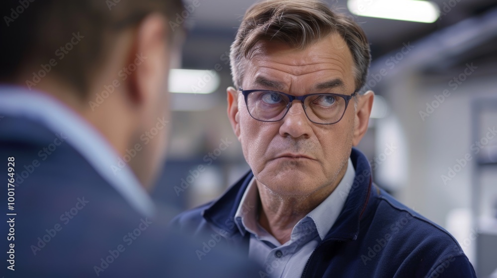 A middle-aged man with glasses looks at a colleague, listening intently as they discuss something serious. A middle-aged man with glasses looks at a colleague, listening intently as they discuss something serious.